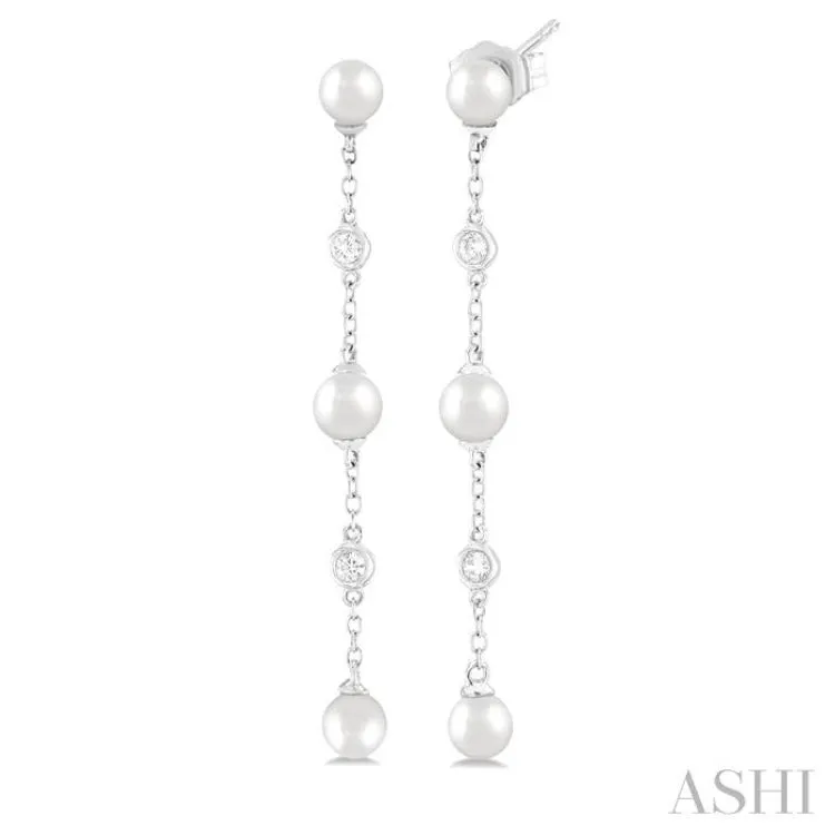 1/20 ctw Cultured Pearls 4 MM and Round Cut Diamond Station Long Earring in 14K White Gold