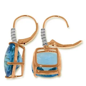 14K Solid Rose Gold Leverback Earrings Natural Diamond & Blue Topaz Jewelry