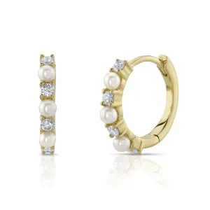 14K Yellow Gold Diamond and Cultured Pearl Huggie Earrings