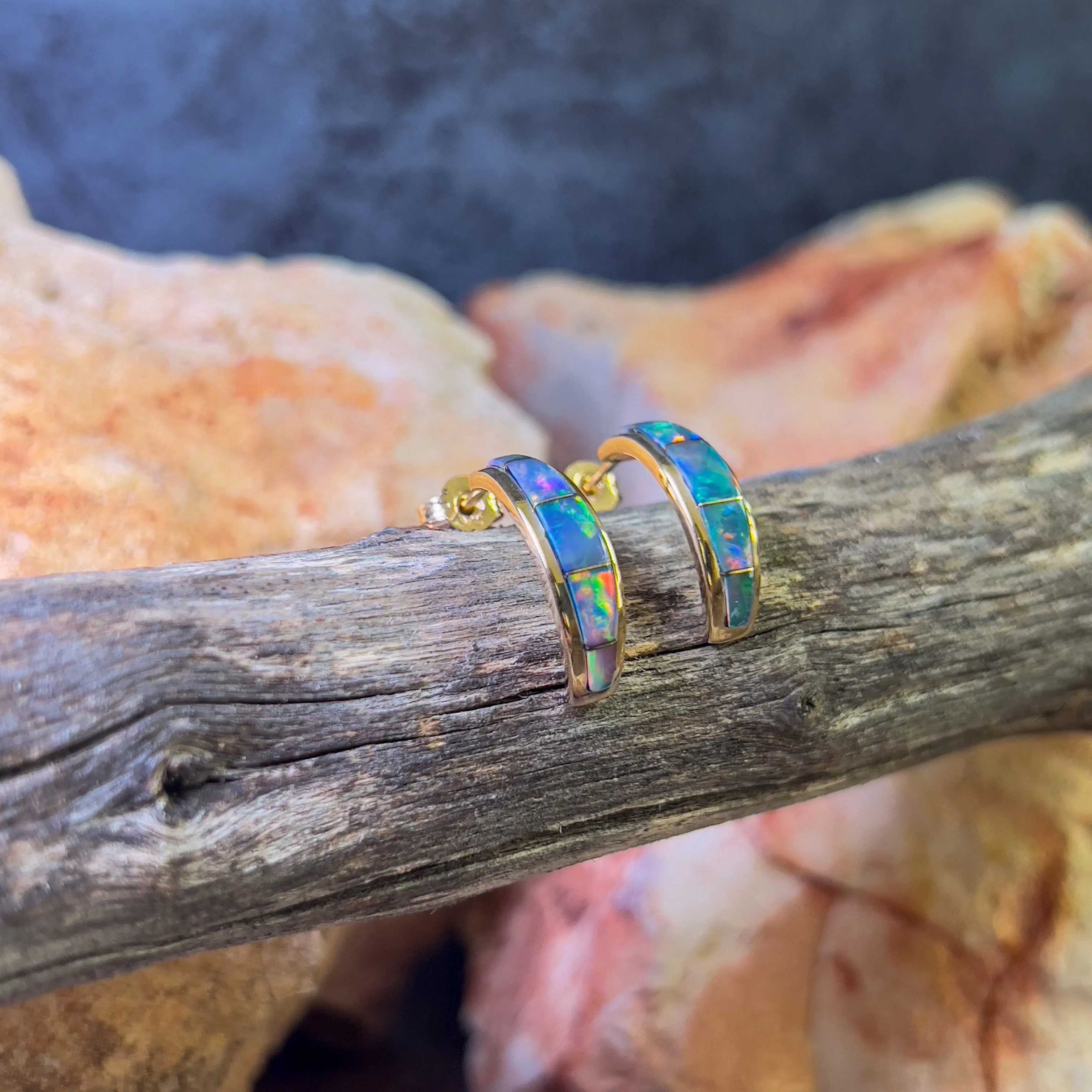 14kt Yellow Gold Opal inlay huggie style earrings