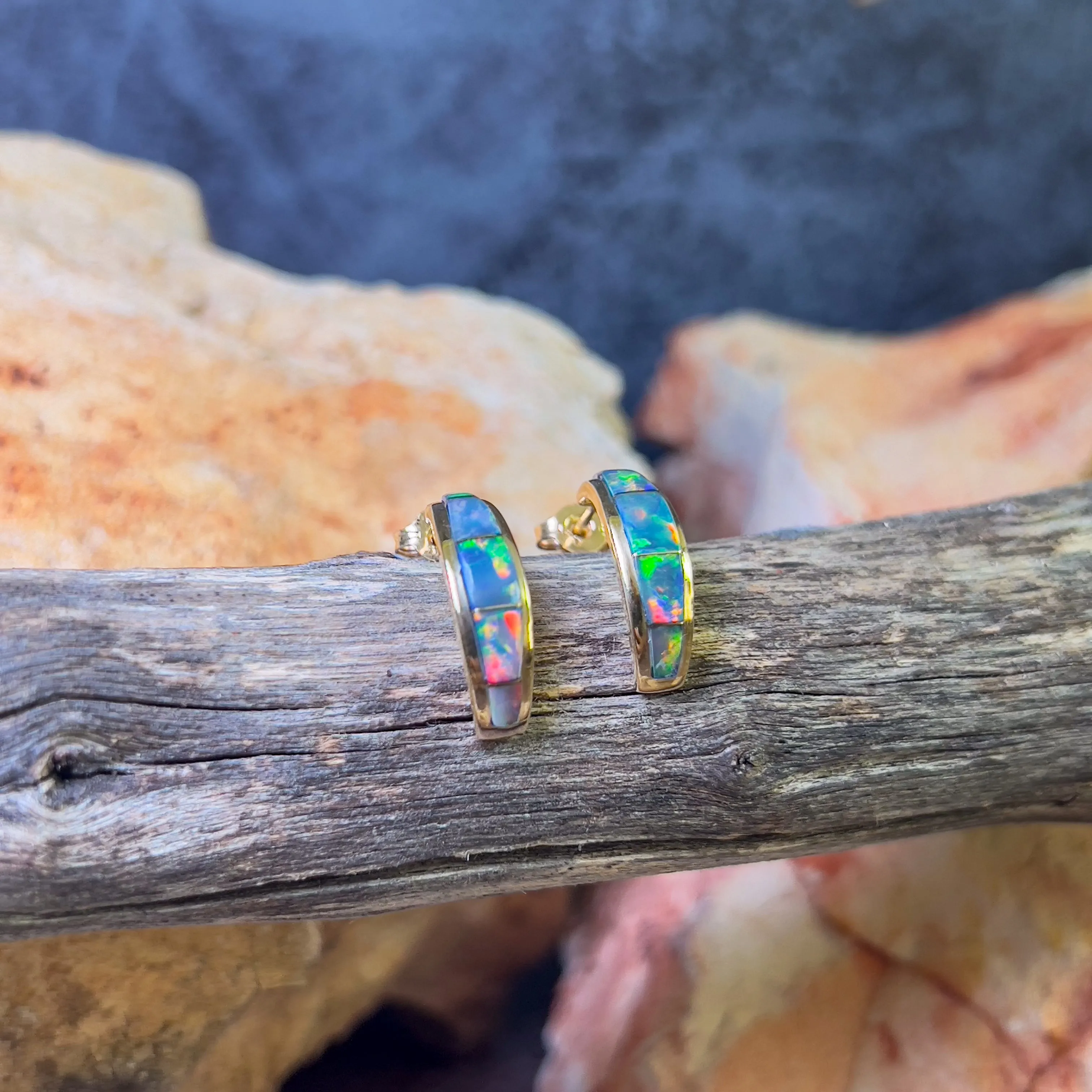 14kt Yellow Gold Opal inlay huggie style earrings