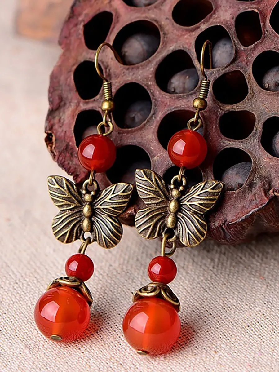 (2 Pairs )Retro Butterfly Red Agate Earrings