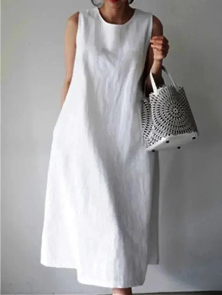 2024 Summer Women Dress Cotton Linen Tank O-neck Sleeveless White Dresses Female New Elegant Casual Loose Korean Clothes Ladies