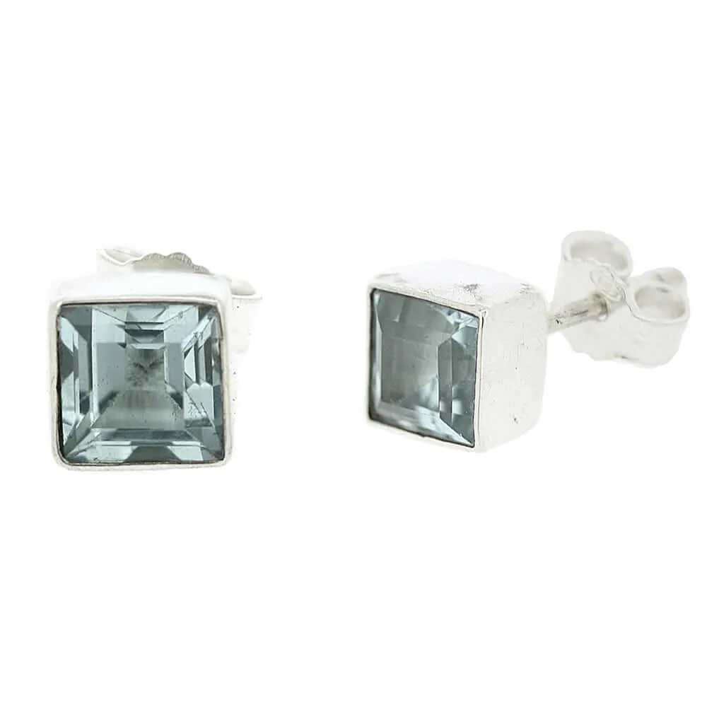 5mm Square Blue Topaz Sterling Silver Stud Earrings