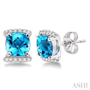 6x6mm Cushion Cut Blue Topaz and 1/10 Ctw Round Cut Diamond Earrings in 14K White Gold