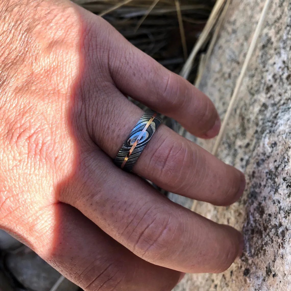 7mm Wide Damascus Steel Ring with 14k Rose Gold Inlay