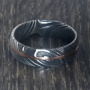 7mm Wide Damascus Steel Ring with 14k Rose Gold Inlay