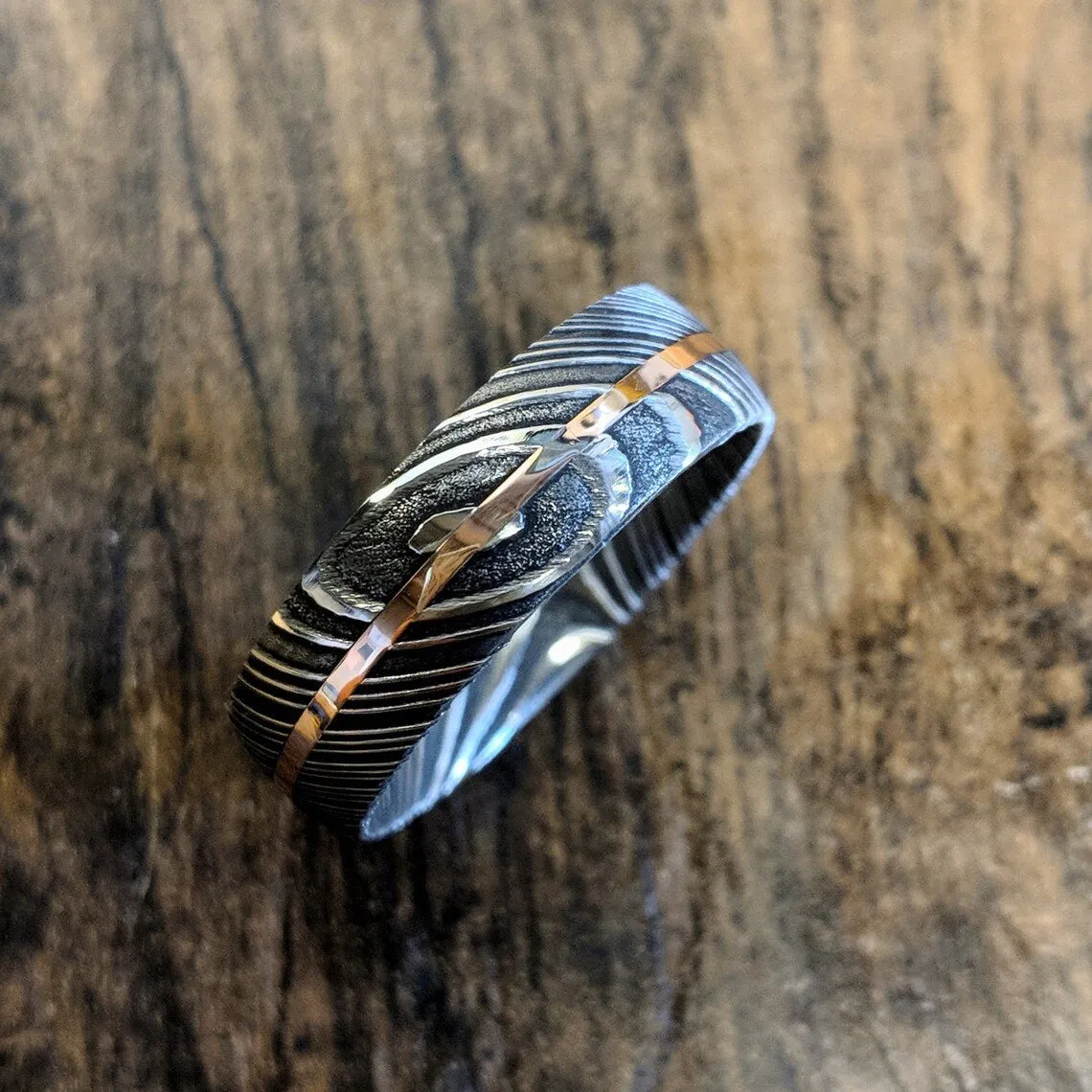 7mm Wide Damascus Steel Ring with 14k Rose Gold Inlay