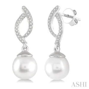 7x7 MM Round Cut Cultured Pearl and 1/6 Ctw Round Cut Diamond Earrings in 14K White Gold