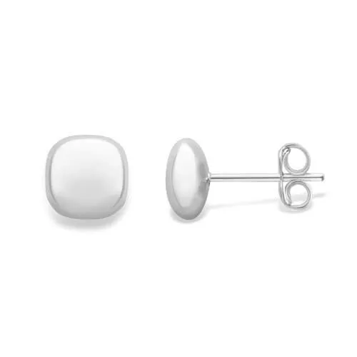 9ct White Gold Cushion Shape Stud Earrings, Satin Finish, Modern 7mm, 1.00g, Gift box included