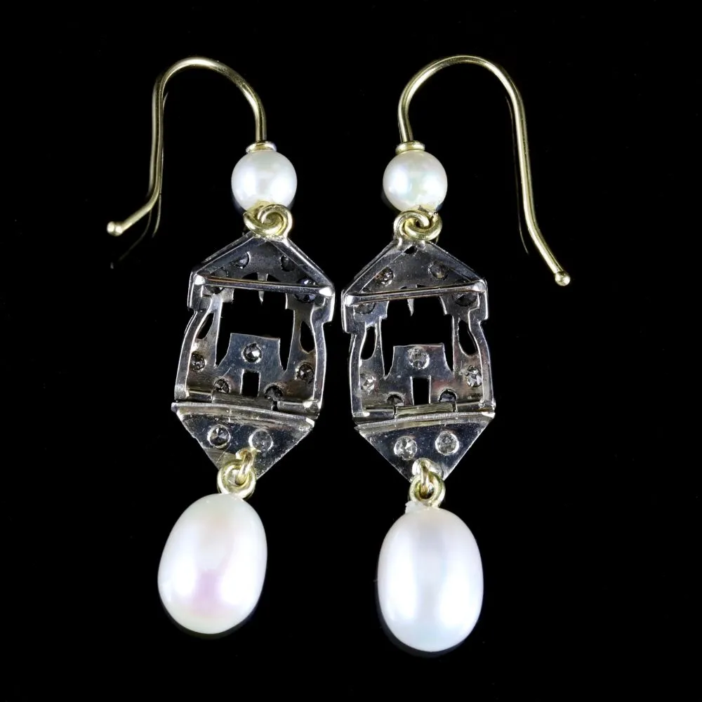 Antique Art Deco Diamond Pearl Earrings 18Ct Gold Circa 1920