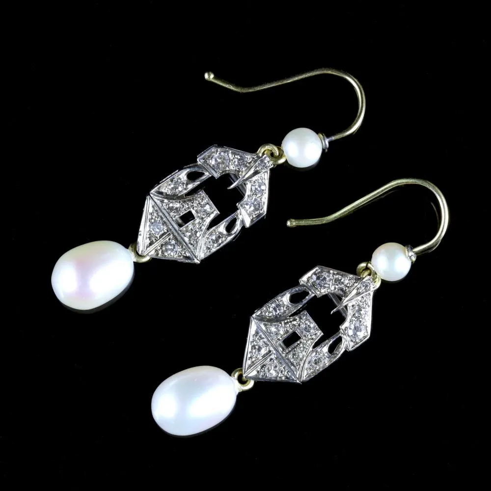 Antique Art Deco Diamond Pearl Earrings 18Ct Gold Circa 1920