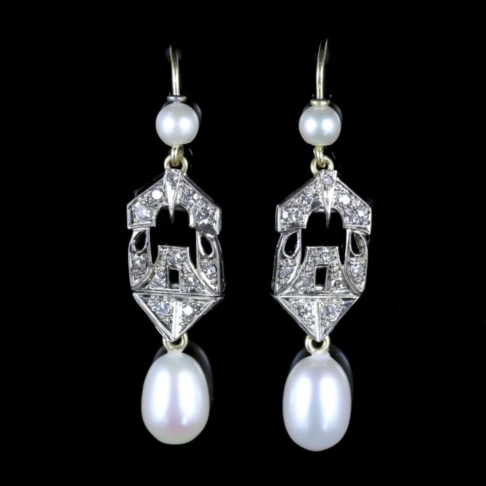 Antique Art Deco Diamond Pearl Earrings 18Ct Gold Circa 1920