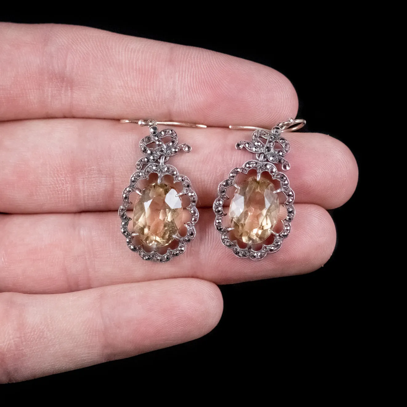 Antique Georgian Citrine Marcasite Drop Earrings Gold Silver Circa 1830