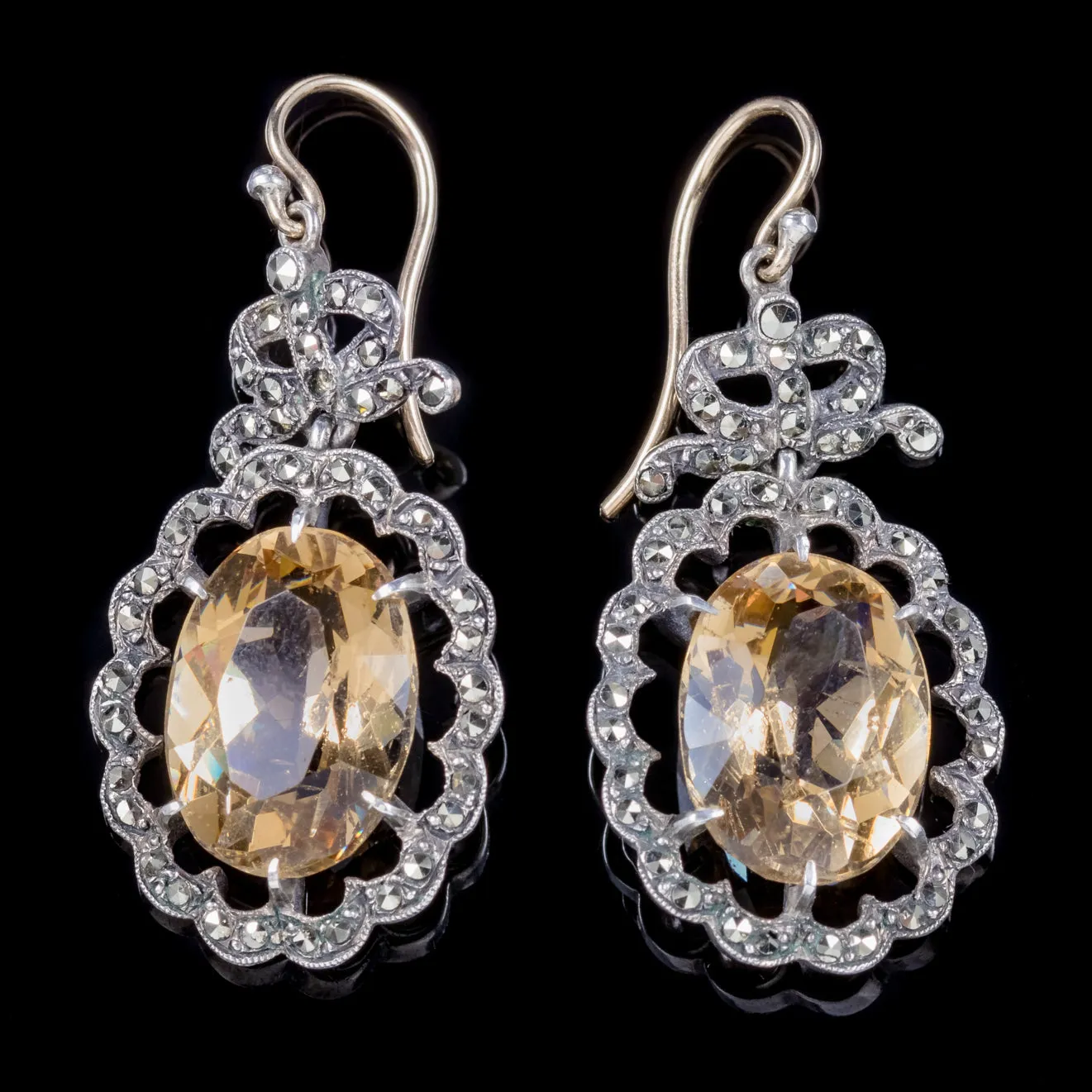 Antique Georgian Citrine Marcasite Drop Earrings Gold Silver Circa 1830