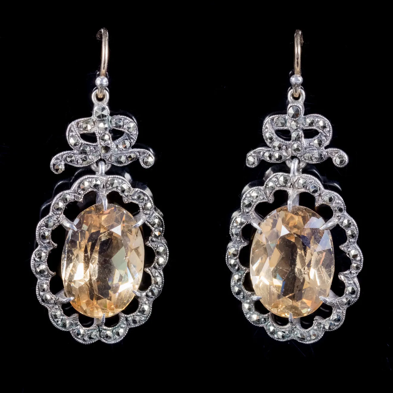 Antique Georgian Citrine Marcasite Drop Earrings Gold Silver Circa 1830