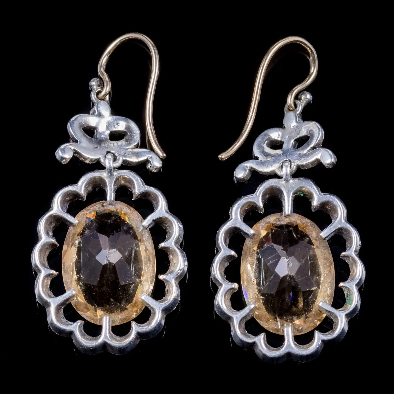 Antique Georgian Citrine Marcasite Drop Earrings Gold Silver Circa 1830