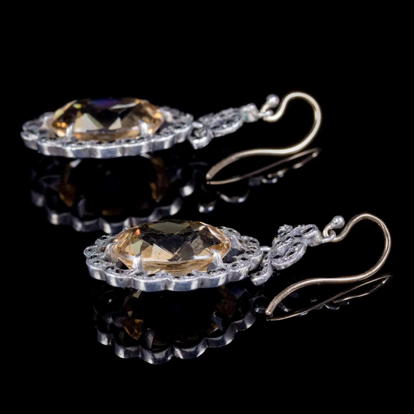 Antique Georgian Citrine Marcasite Drop Earrings Gold Silver Circa 1830