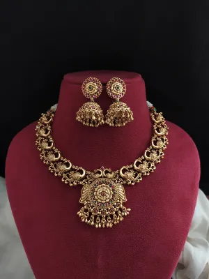 Antique Peacock Design Necklace with Jhumki Set – Kemp and Green Stones