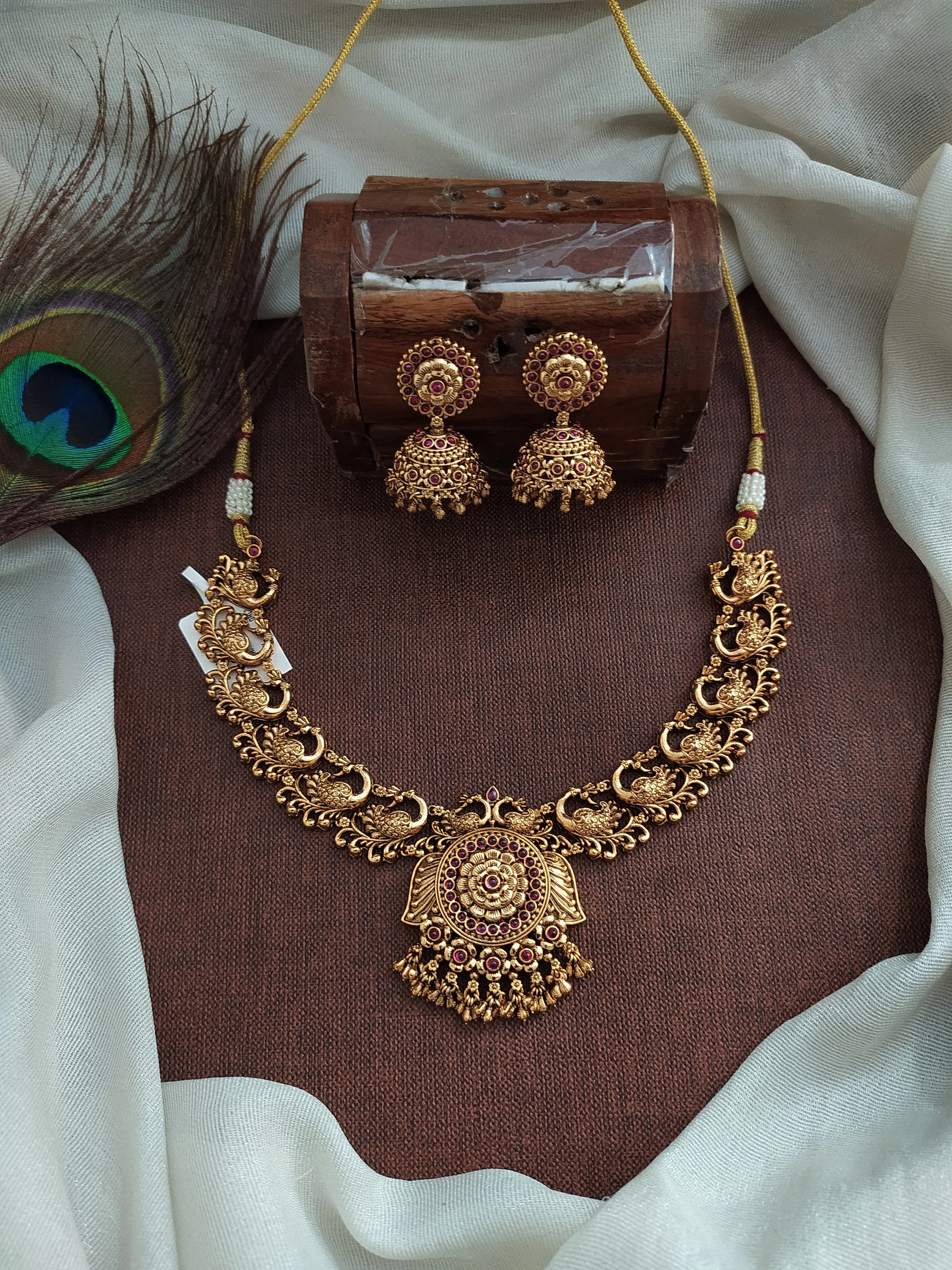 Antique Peacock Design Necklace with Jhumki Set – Kemp and Green Stones