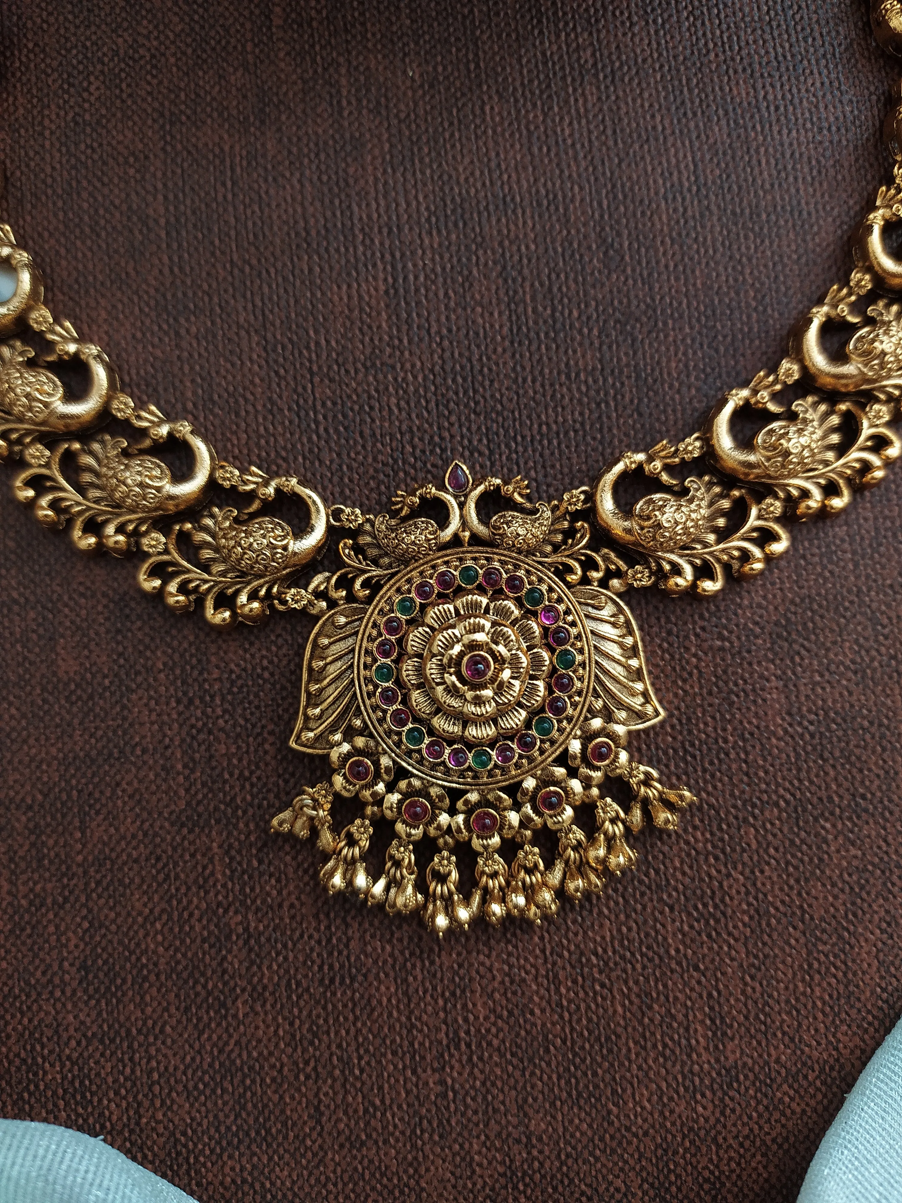 Antique Peacock Design Necklace with Jhumki Set – Kemp and Green Stones