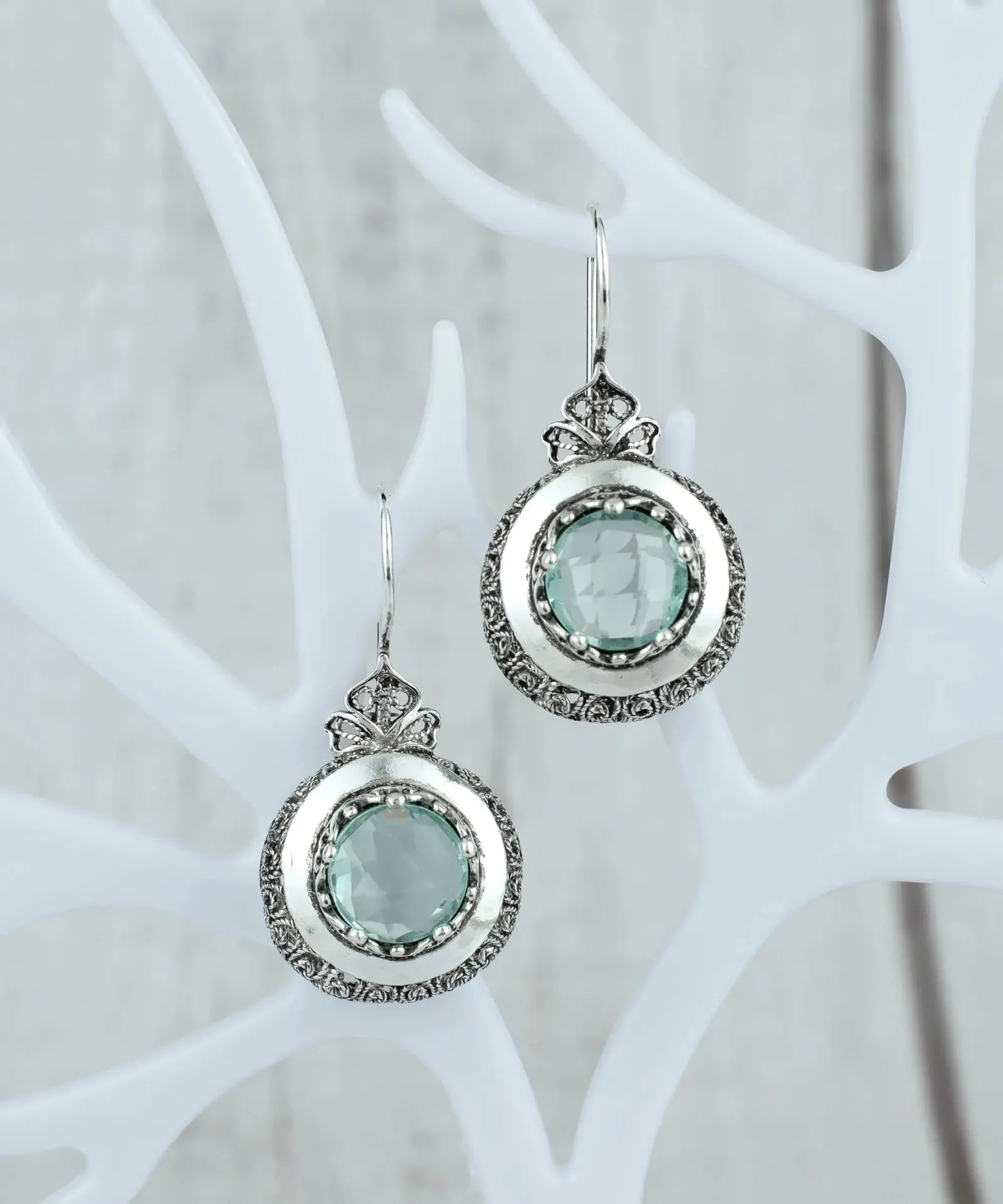 Aquamarine Drop Earrings in Sterling Silver - Filigree Art Elegance, Women's Gemstone Earrings  Vintage Inspired  Timeless Design