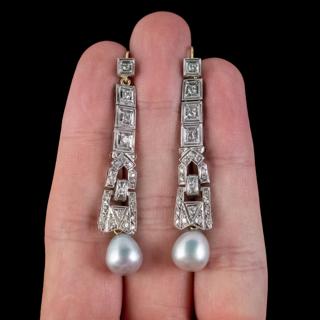 Art Deco Style Pearl Diamond Drop Earrings Platinum 18ct Gold Wires 2ct Of Diamond