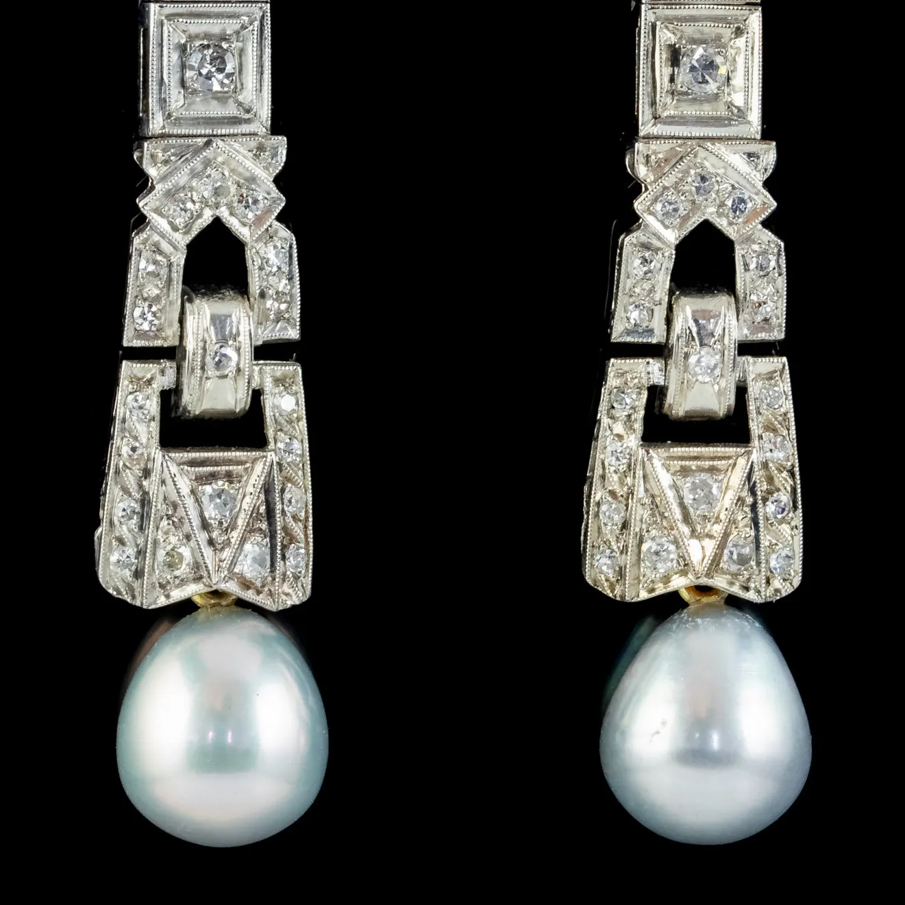 Art Deco Style Pearl Diamond Drop Earrings Platinum 18ct Gold Wires 2ct Of Diamond