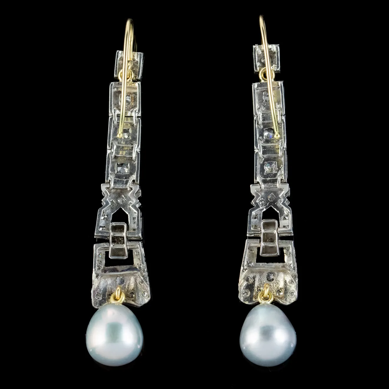 Art Deco Style Pearl Diamond Drop Earrings Platinum 18ct Gold Wires 2ct Of Diamond