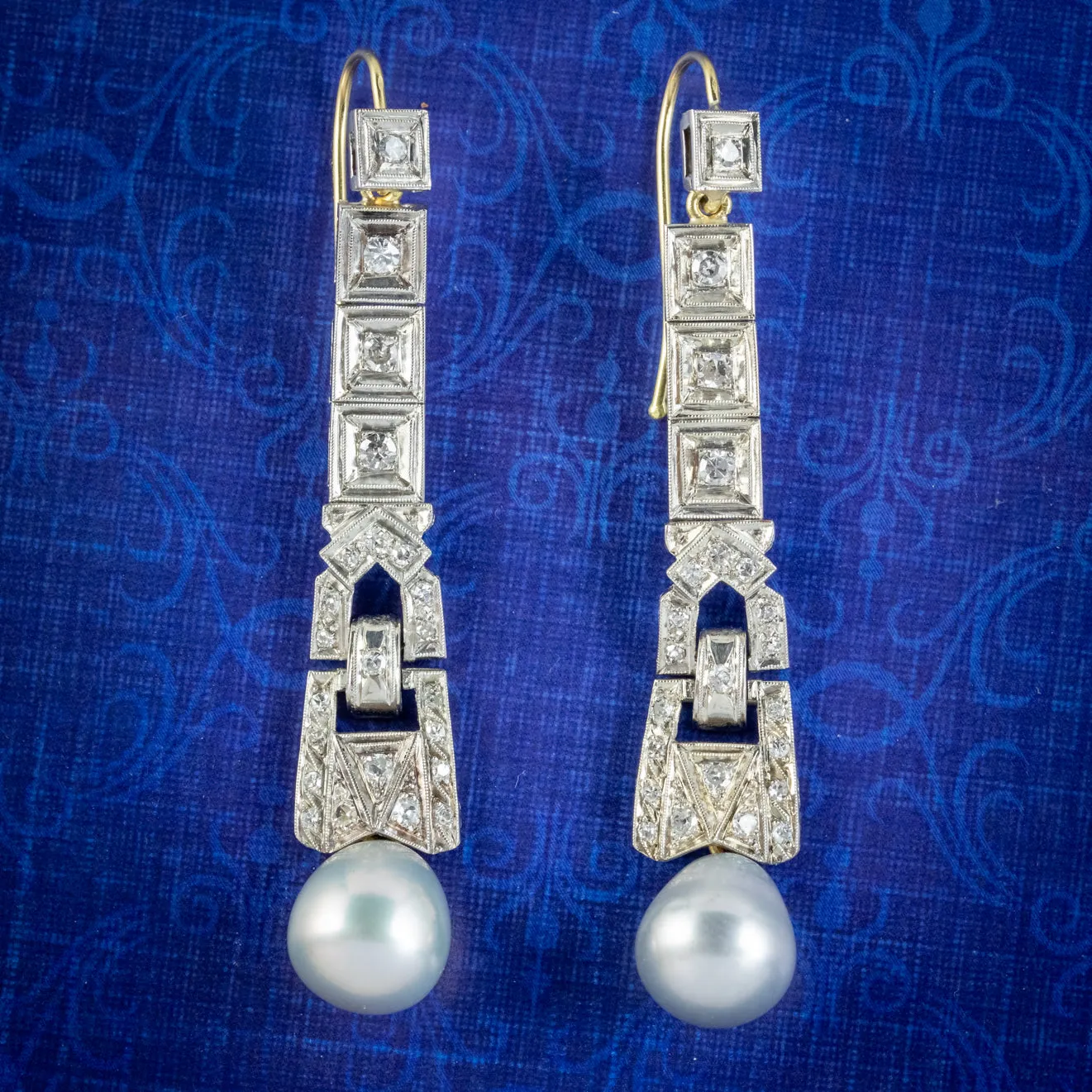 Art Deco Style Pearl Diamond Drop Earrings Platinum 18ct Gold Wires 2ct Of Diamond