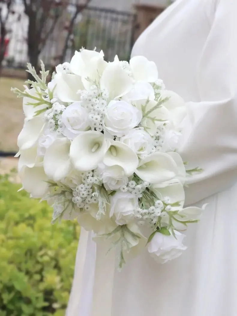 AYiCuthia Royal White Waterfall Bridal Bouquet Artificial Flowers with Pearls