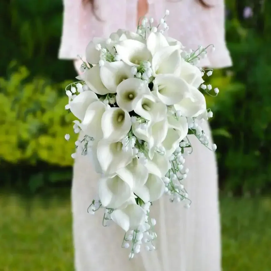 AYiCuthia Royal White Waterfall Bridal Bouquet Artificial Flowers with Pearls