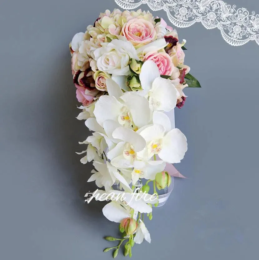 AYiCuthia Royal White Waterfall Bridal Bouquet Artificial Flowers with Pearls