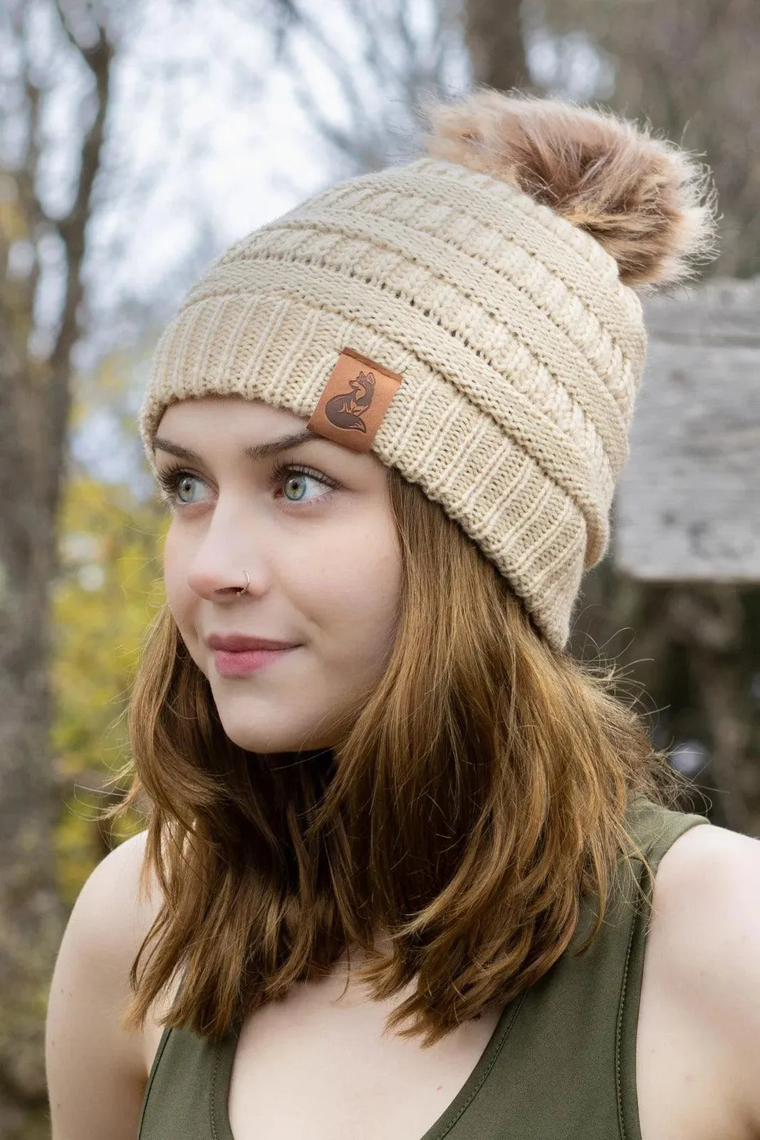 Beige Knit Hat with Pom and Vegan Leather Dog Collar Matching Set