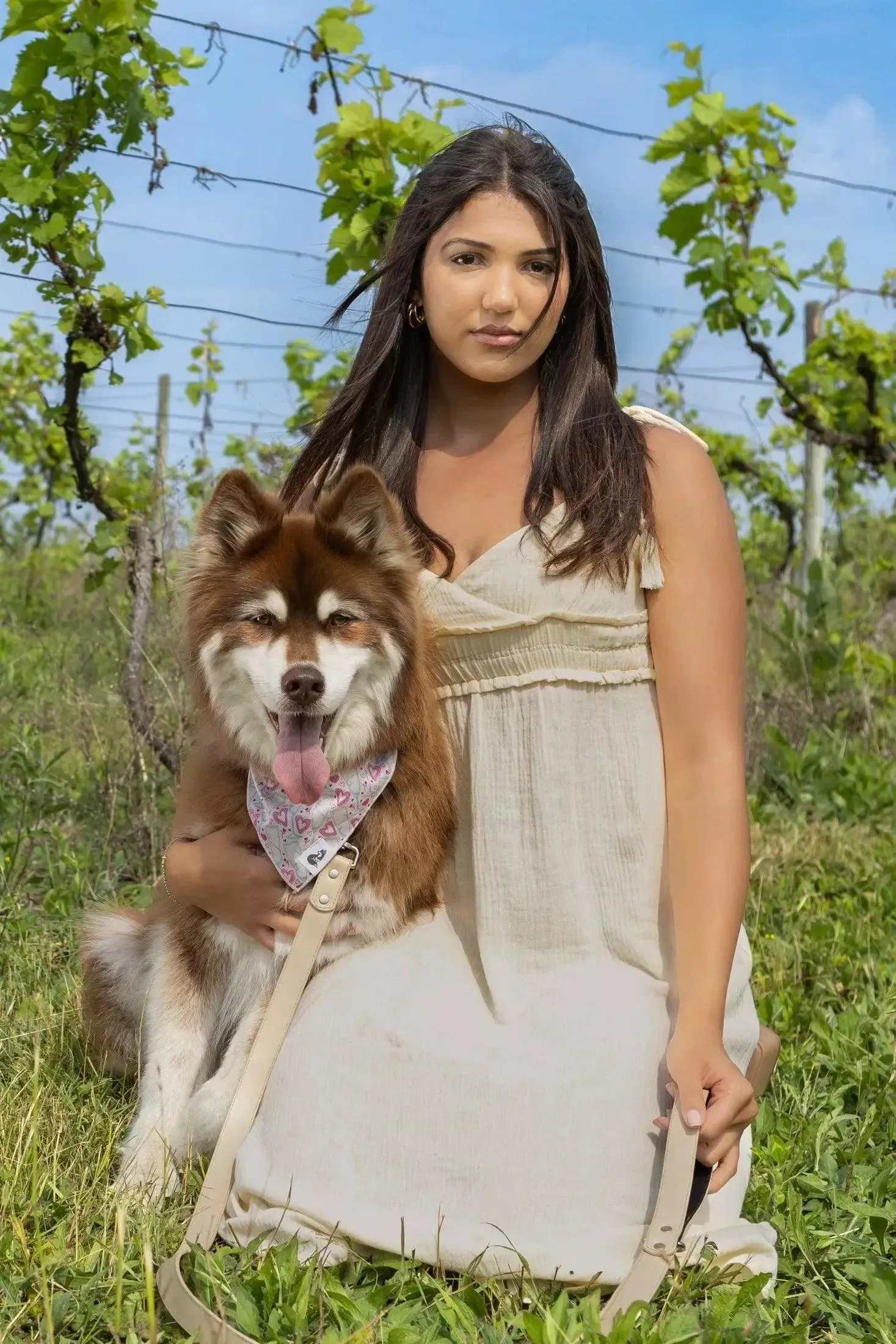 Beige Knit Hat with Pom and Vegan Leather Dog Collar Matching Set