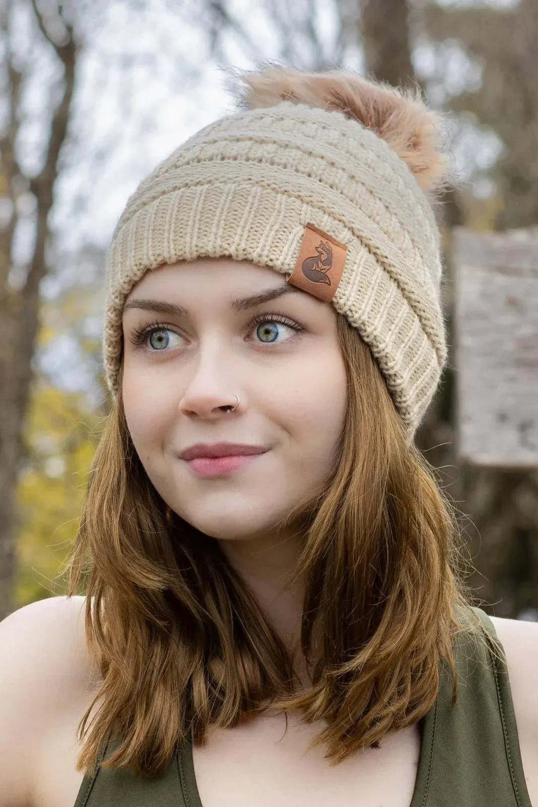 Beige Knit Hat with Pom and Vegan Leather Dog Collar Matching Set