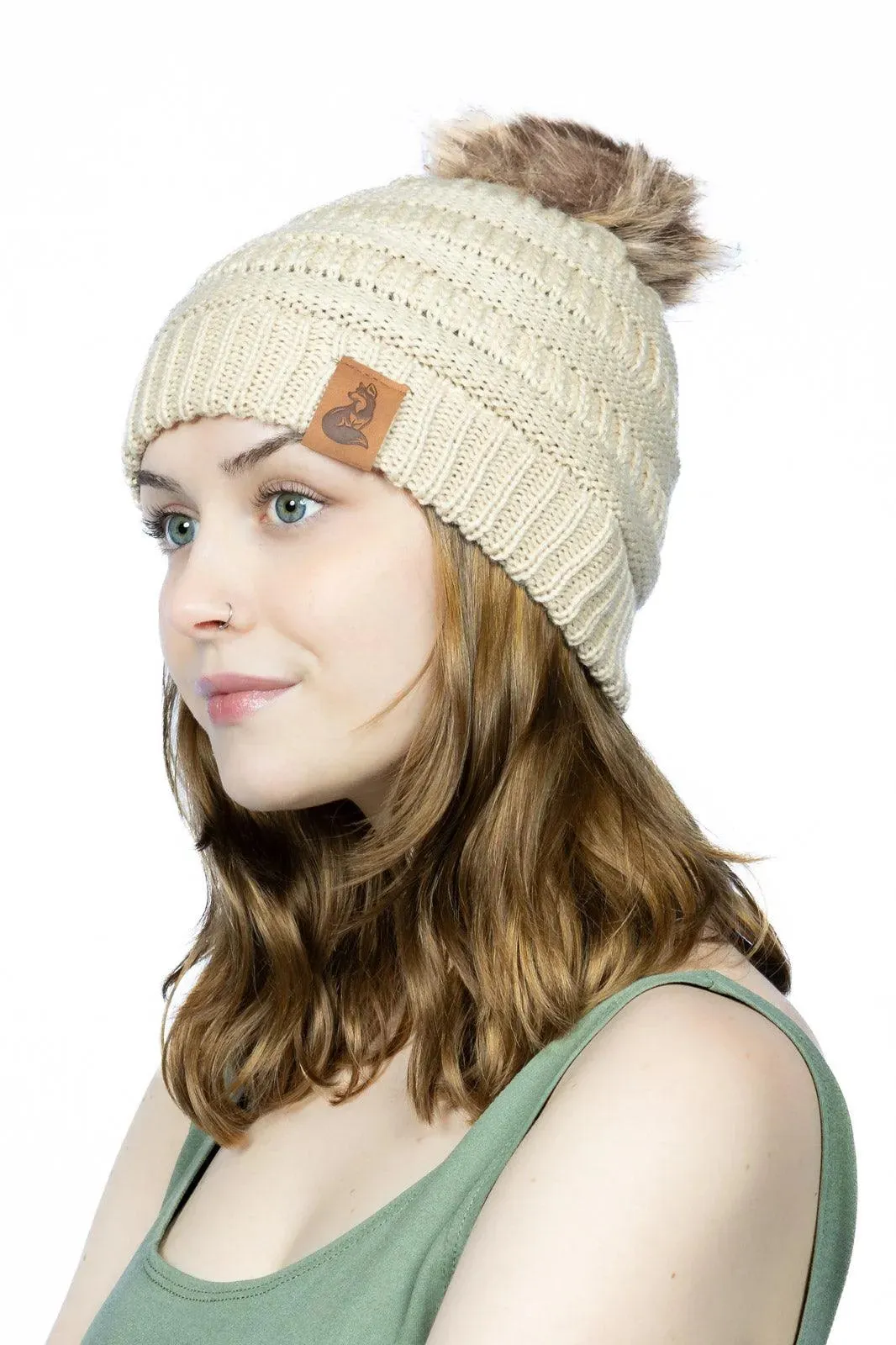 Beige Knit Hat with Pom and Vegan Leather Dog Collar Matching Set