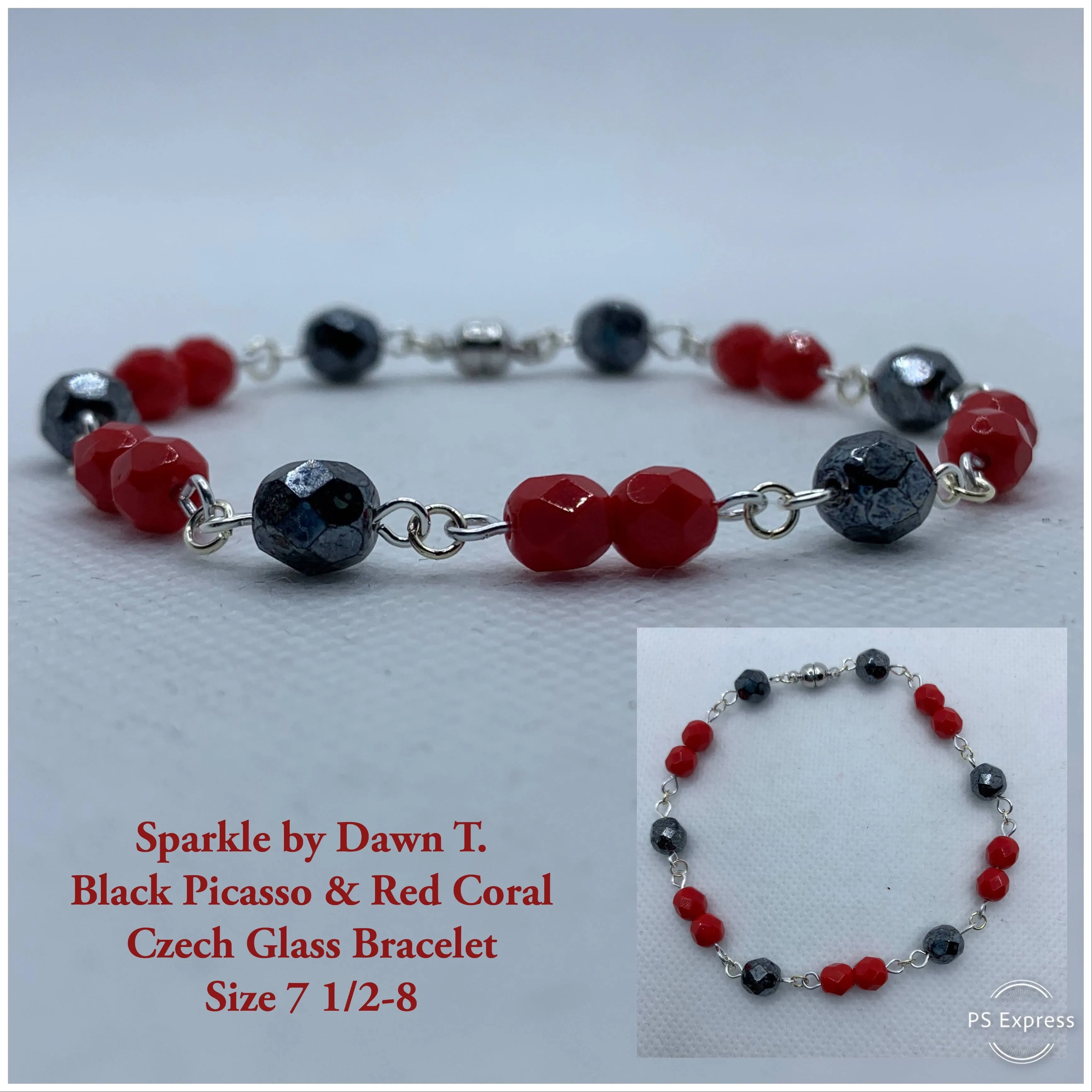 Black Picasso and Red Coral Czech Glass Bracelet with magnetic closure and matching "Who Needs a Necklace" in Earrings Set