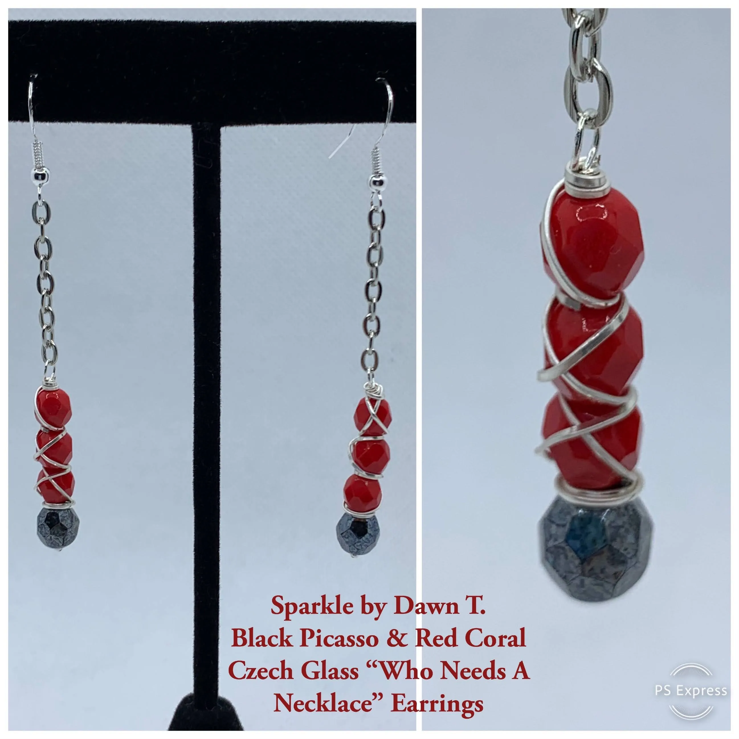 Black Picasso and Red Coral Czech Glass Bracelet with magnetic closure and matching "Who Needs a Necklace" in Earrings Set