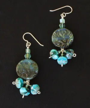 Blue & Green Czech Glass Coin Bead Earrings with Triple Dangles & Sterling