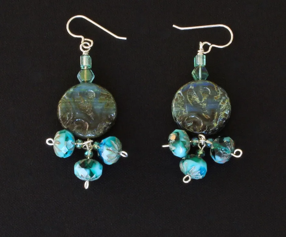 Blue & Green Czech Glass Coin Bead Earrings with Triple Dangles & Sterling