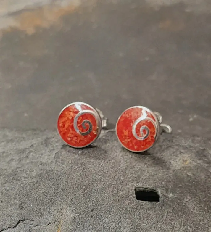 Blue Lily 8mm Silver Round Red Swirl Stud Earrings - SS619B