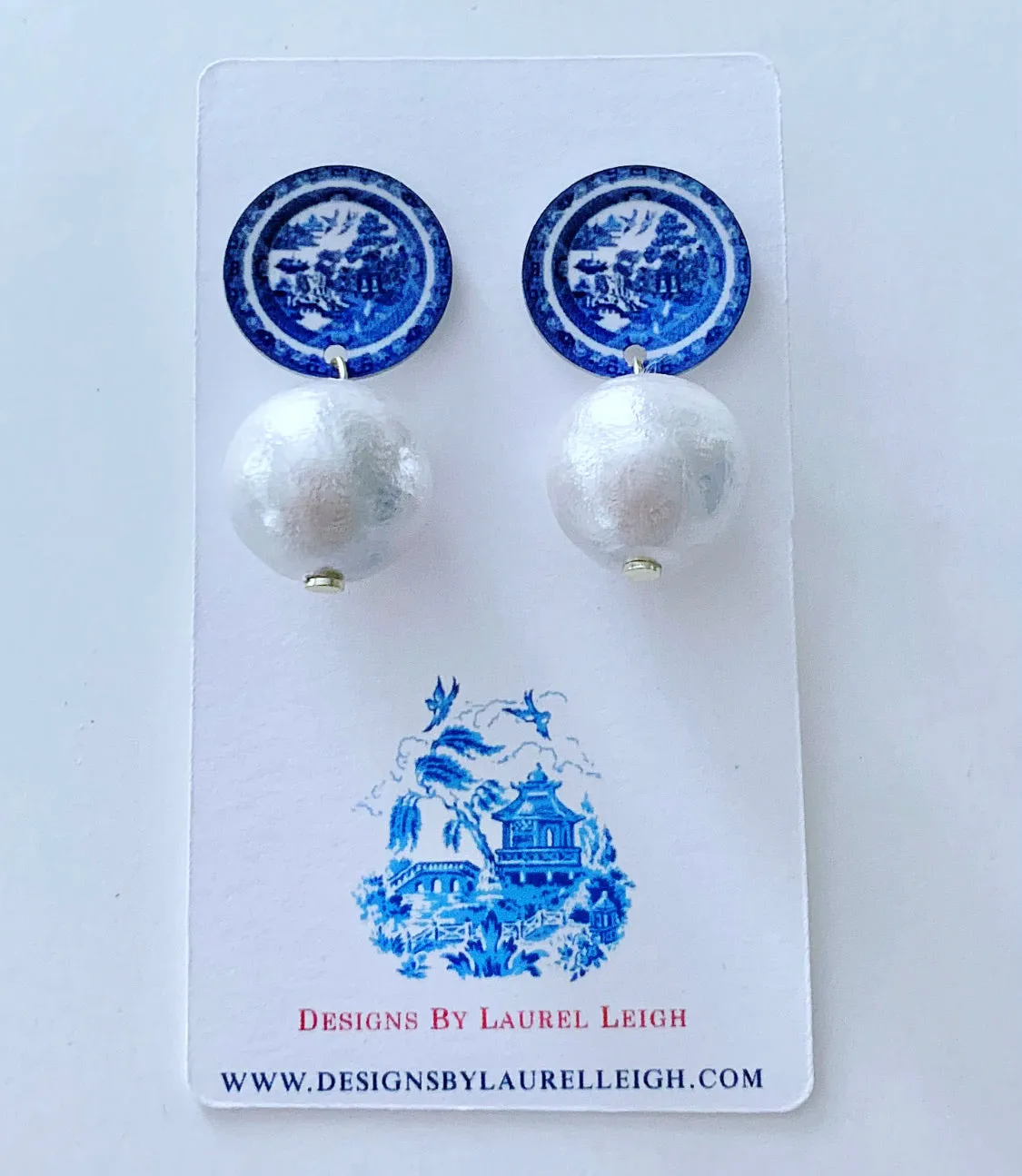 Blue Willow Pearl Drop Earrings