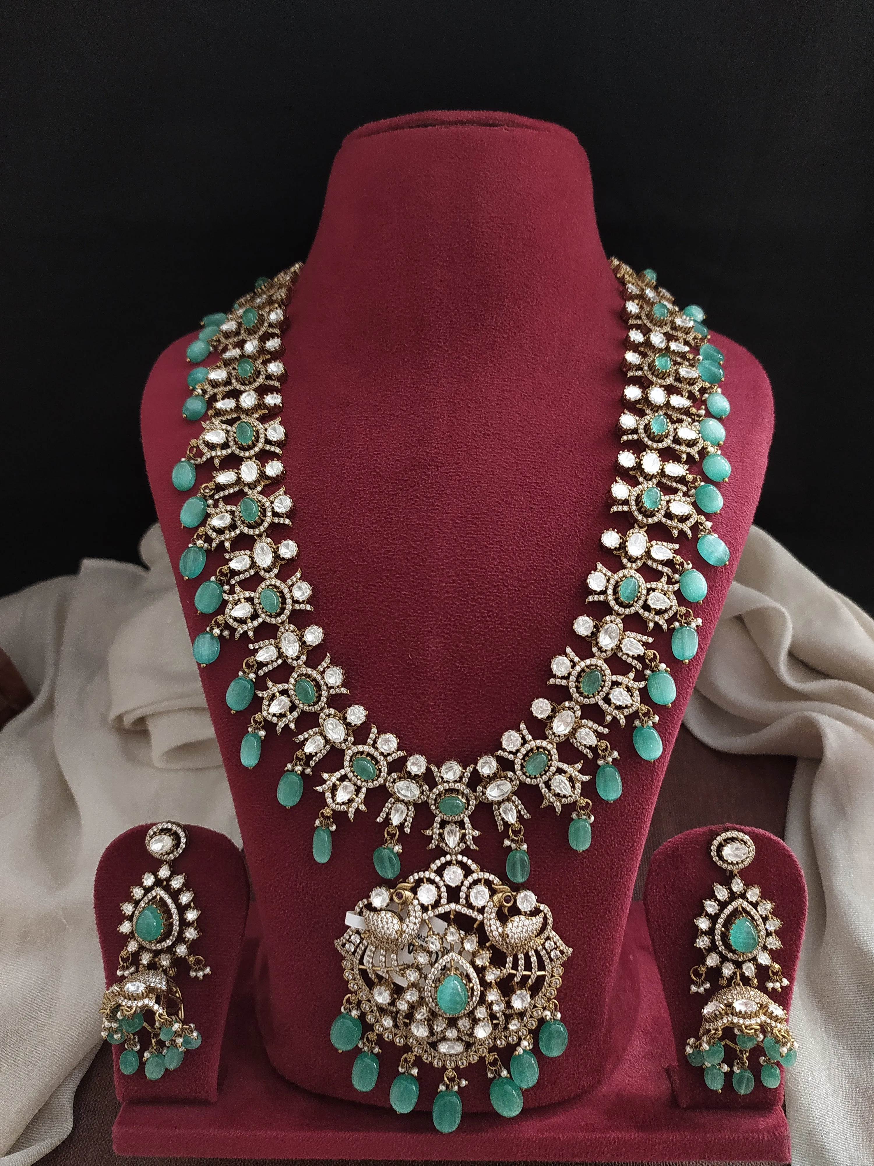 Bridal Victorian long haram set with moissanite stones available in five different colors Pastel mint, Ruby, Violet, green, and white