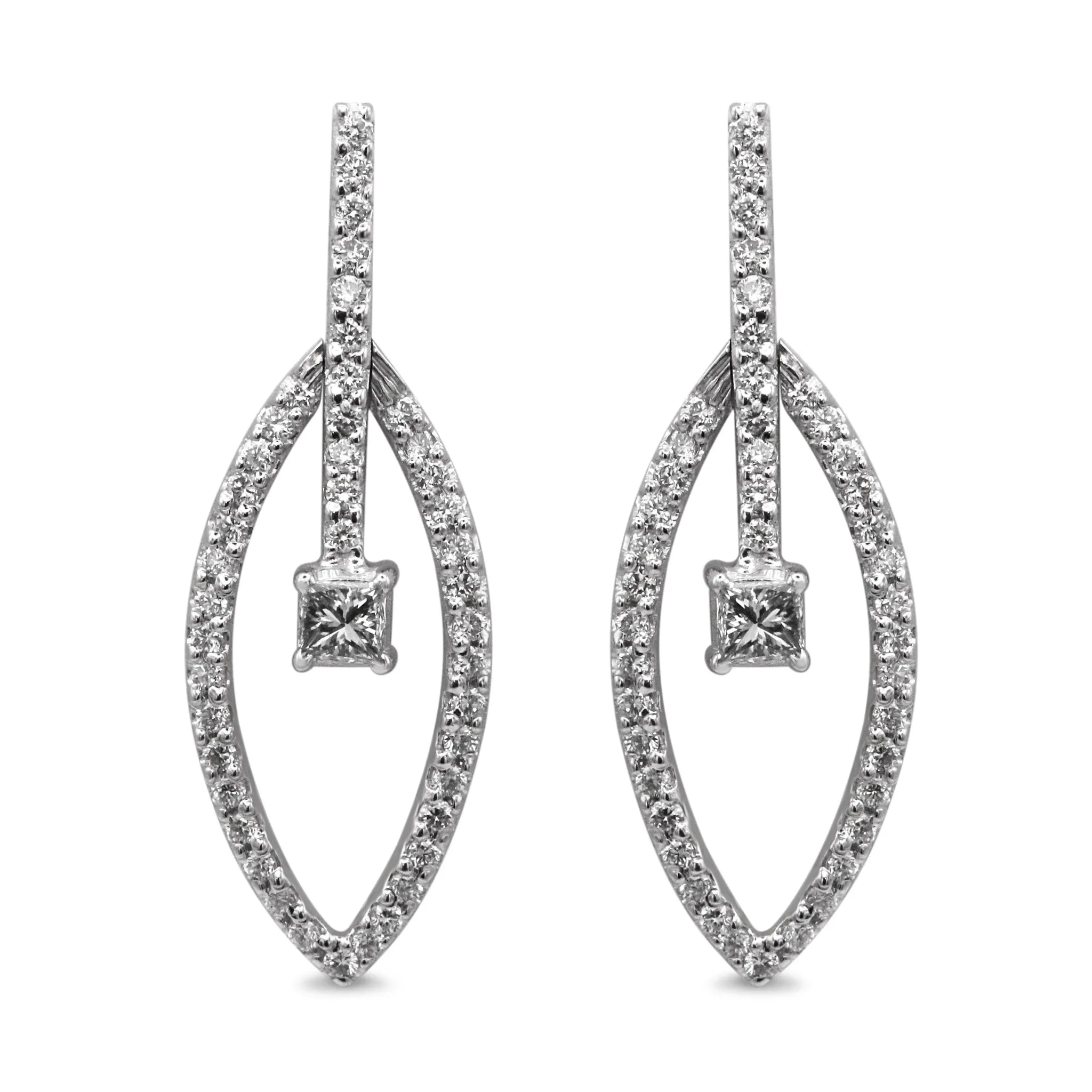 Brilliant & Princess Cut Diamond Drop Earrings - 18ct White Gold