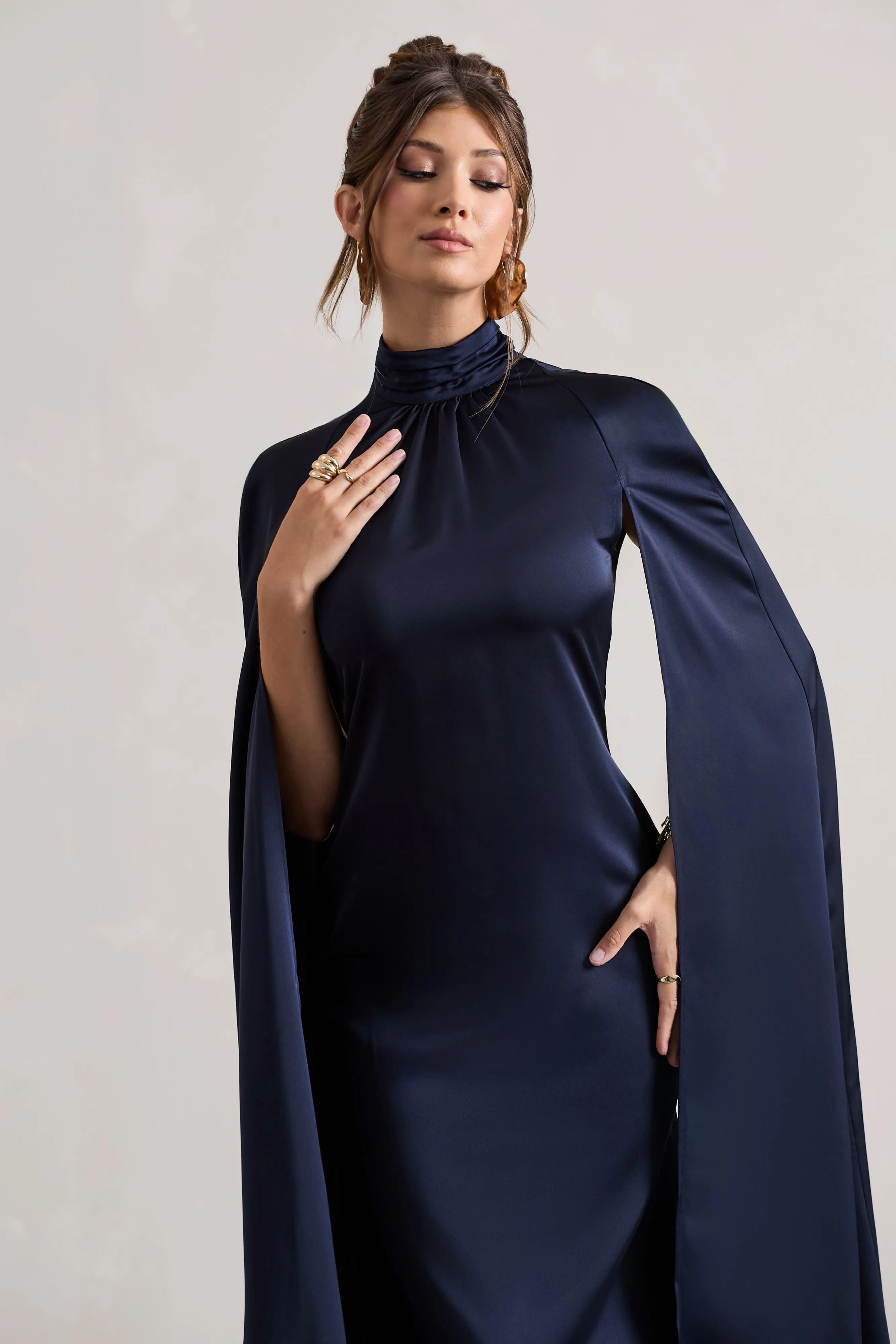 Brogan | Navy Satin High-Neck Midi Dress With Cape Sleeves