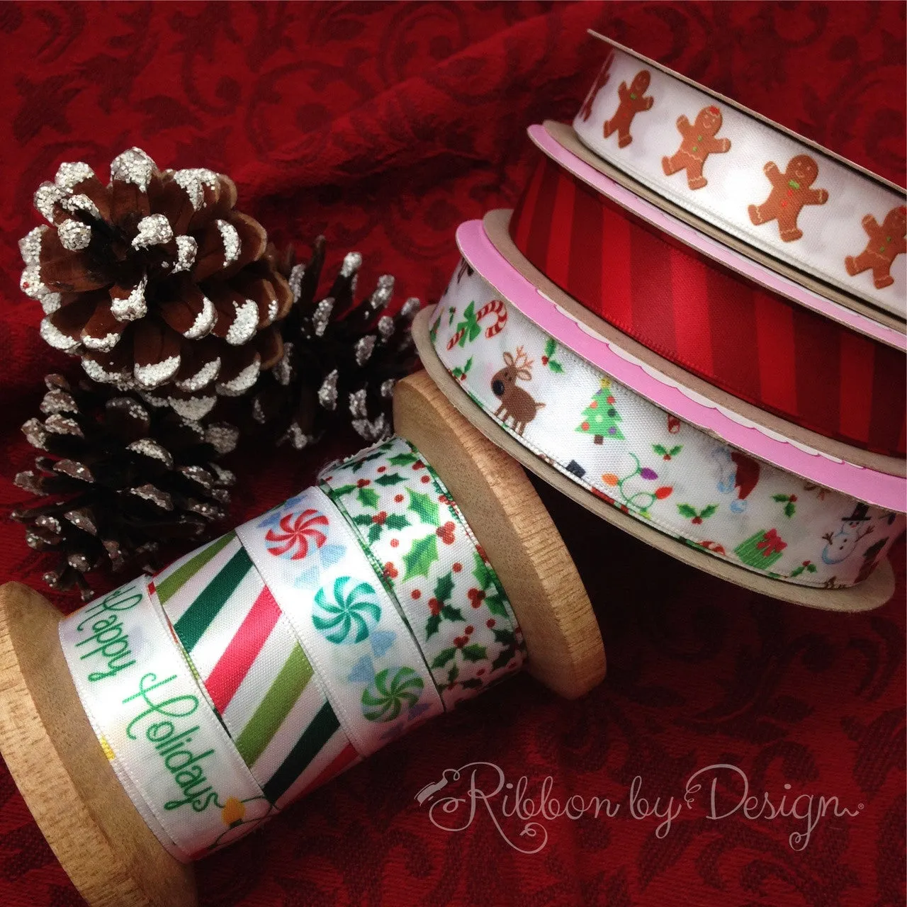 Dark Red Stripes Ribbon printed on 5/8" and 7/8" Hot Red Single Face Satin ribbon