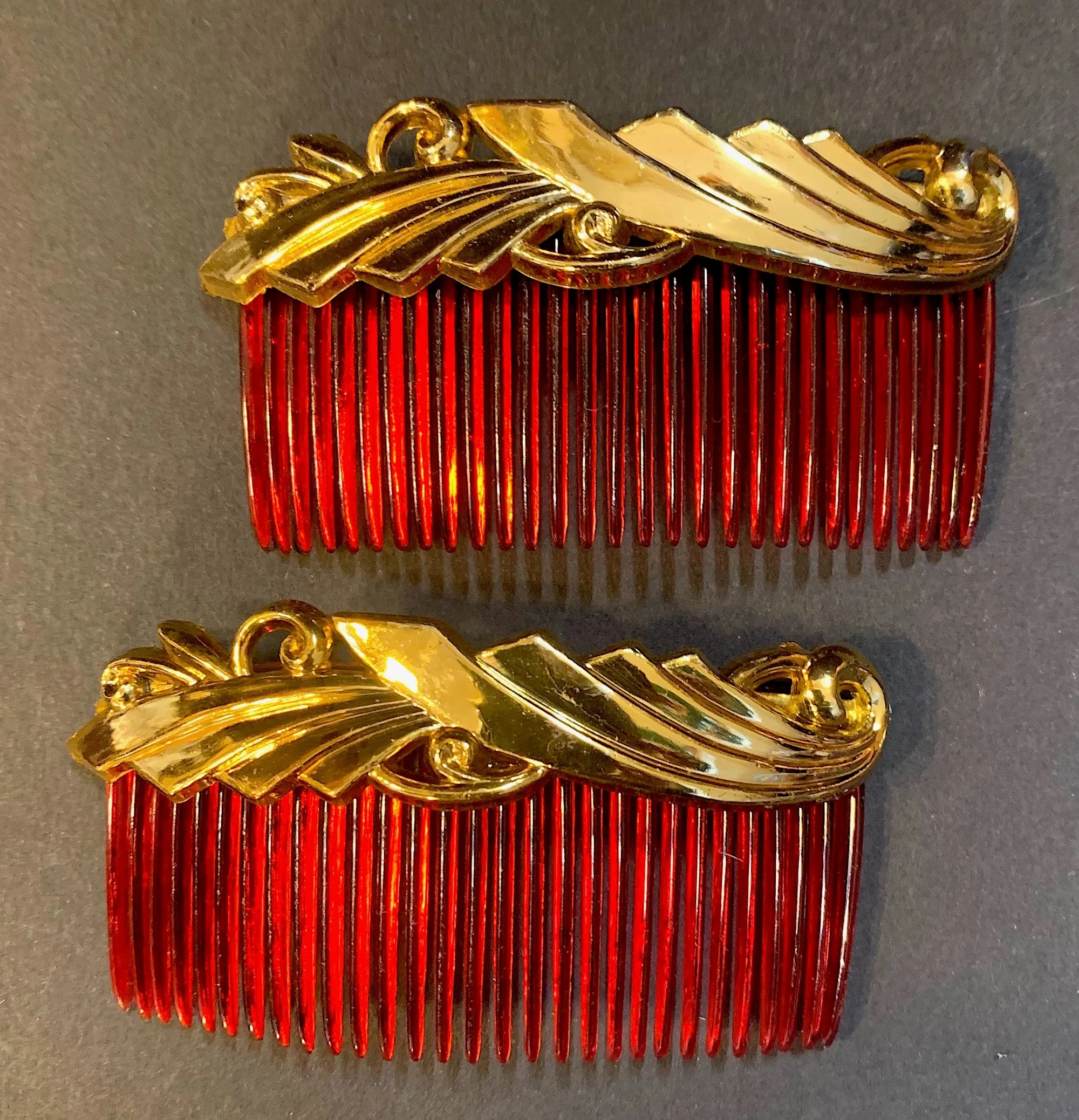 Dramatic 1940s Tortoiseshell and Gold Hair Combs - 8cm wide