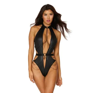 Dreamgirl Lingerie Shiny, coated stretch knit halter teddy with black chain details - 12805