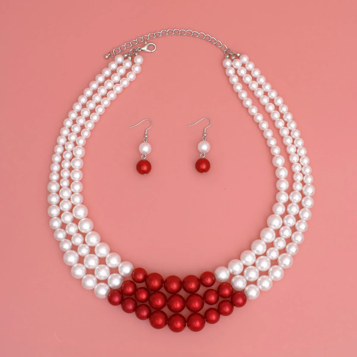 DST Delta Sigma Theta Inspired Pearl Necklace White with Red Center 3 Strand Set